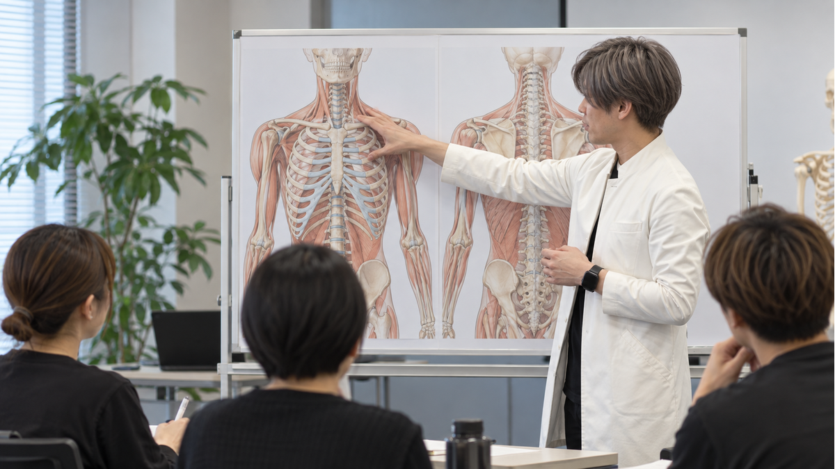 身体の図を使って美しい姿勢の見方を横向きで教える講師 山口勇太